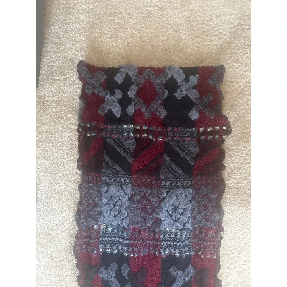 Burgundy Grey Black Geometric Textured Knit Fringe Scarf Oversized Winter Wrap